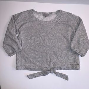 Grey & Gray Striped Cropped Sweatshirt w/Tie & 3/4 Sleeve Size: Large EUC